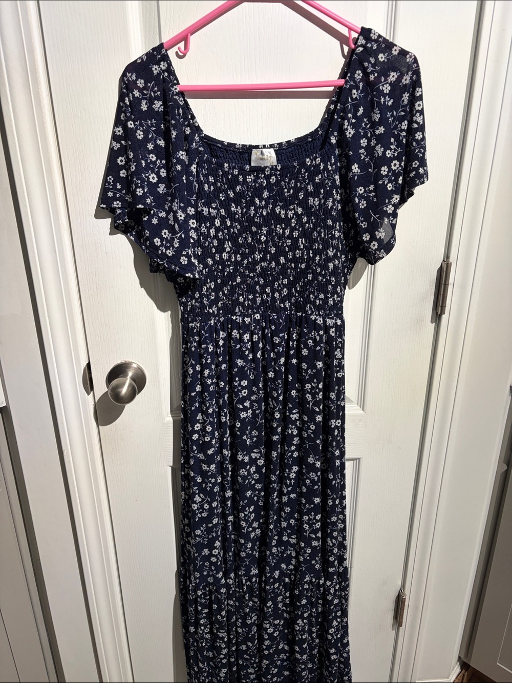 Sirenlily Smocked Navy Floral Maxi Dress